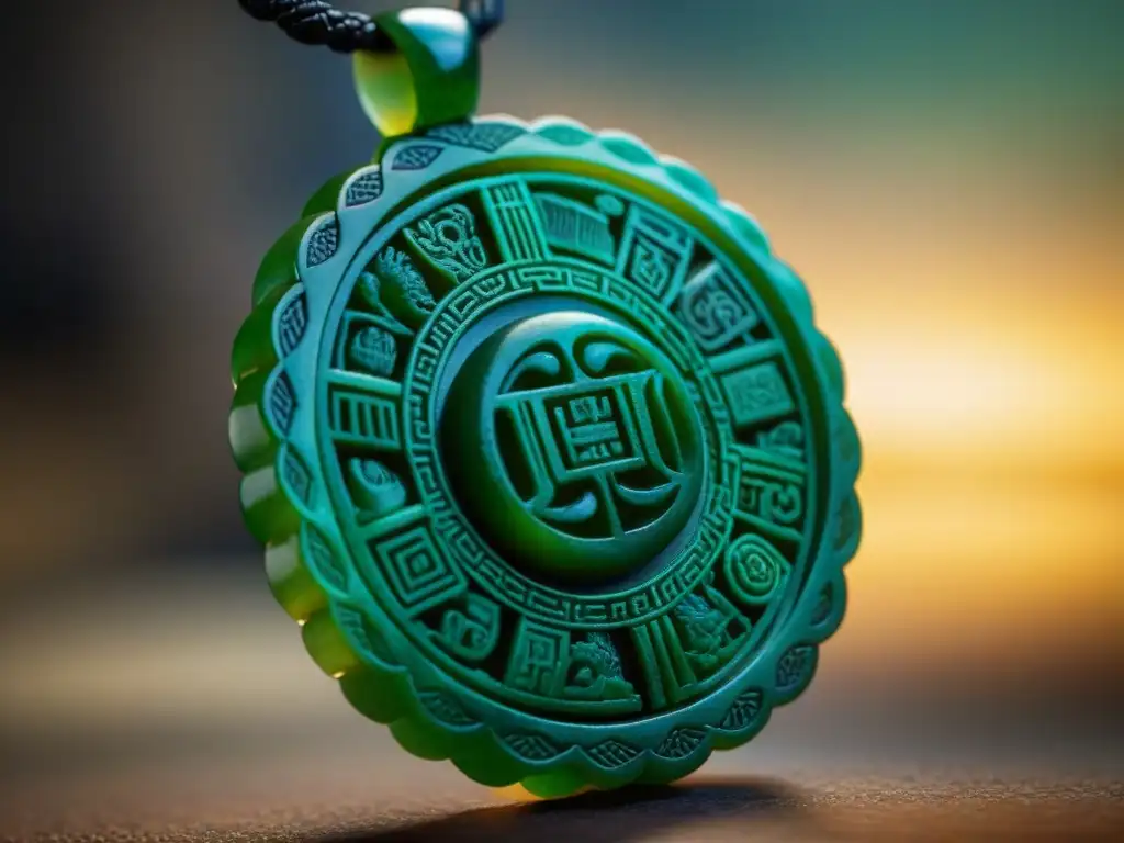 Influencia de la joyería maya en arqueología: Detalle de un collar de jade con símbolos mayas tallados, reflejando una rica civilización