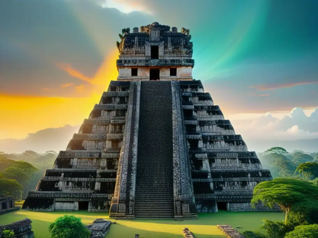 Templo maya al atardecer: belleza ancestral en la selva Influencia maya: detallados grabados en templo al atardecer, rodeado de exuberante naturaleza y loros volando