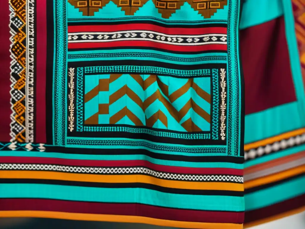 Influencia maya en moda contemporánea: Detalle de un huipil maya con patrones intrincados y simbólicos en tonos tierra vibrantes