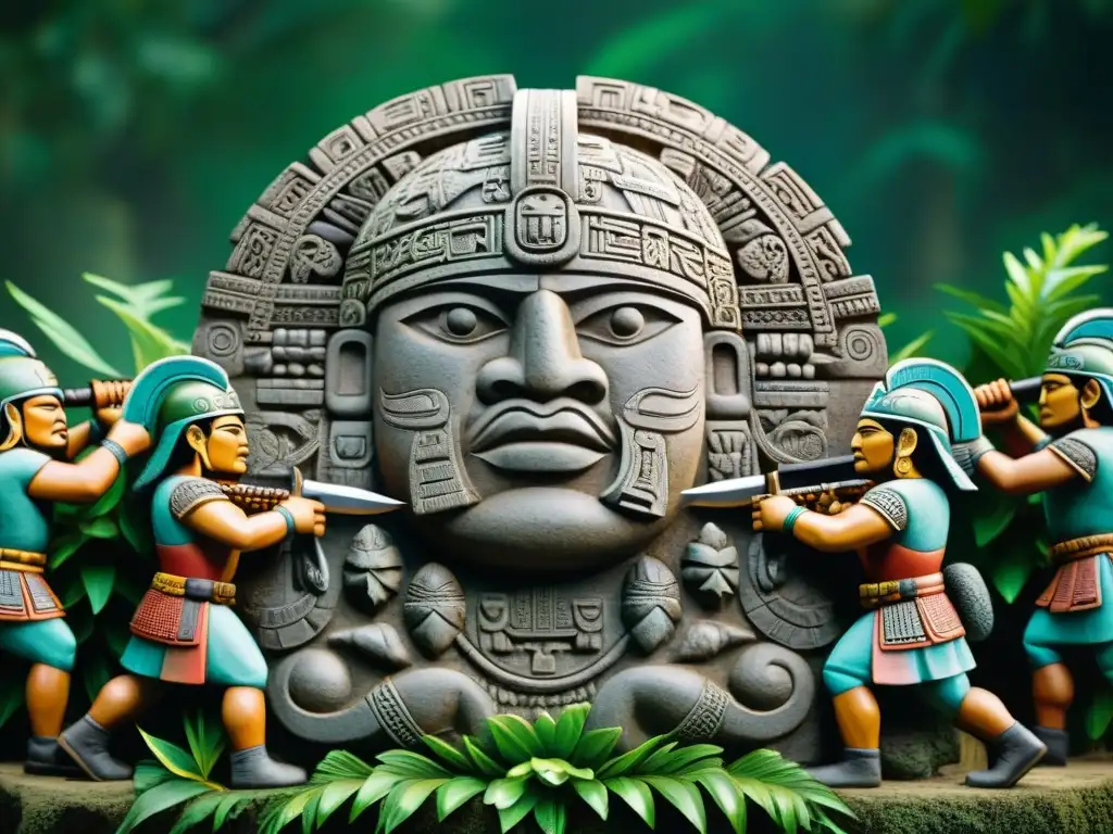 Influencia militar olmeca en táctica maya: Detalle de tallado en piedra de guerreros olmecas y soldados mayas en intensa batalla en la selva