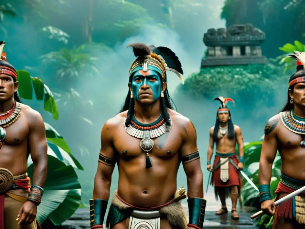 Influencia de la mitología maya en el cine: Detalle impactante de guerreros mayas en confrontación en la selva