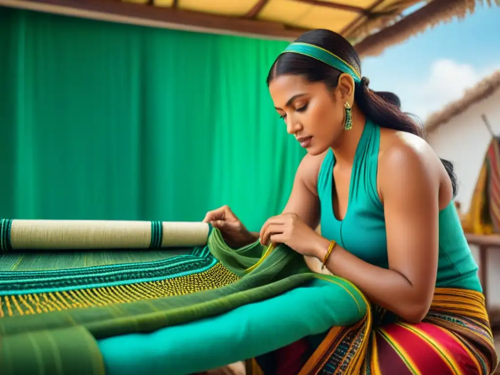 Influencia caribeña en moda maya: Diseñador maya tejiendo patrones inspirados en el Caribe rodeado de hilos y telas coloridas