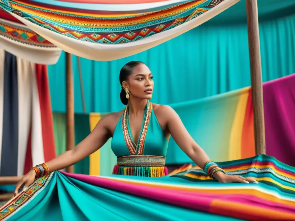 Influencia caribeña en moda maya: Tejido maya en mercado caribeño, reflejando fusión cultural en vibrantes textiles