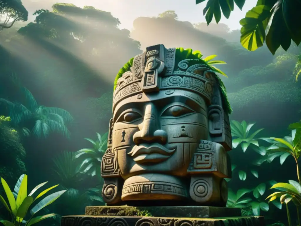 Influencia olmeca en calendario maya: Monumento de piedra tallada entre la exuberante jungla, iluminado por rayos de sol filtrados