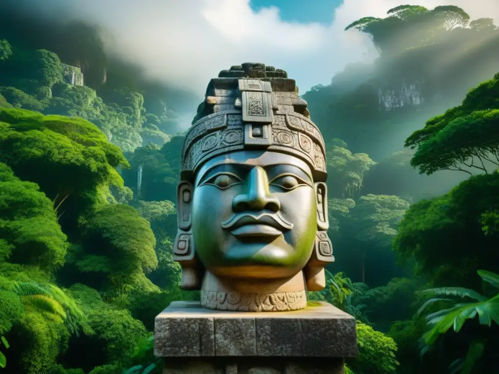 Influencia olmeca en mitología maya: tallado de cabeza colosal Olmeca en la exuberante jungla maya