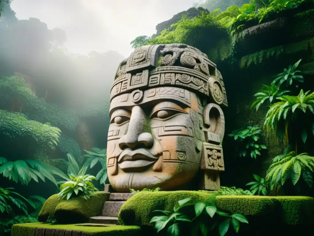 Influencia olmeca en mitología maya: escultura de cabeza de piedra olmeca parcialmente cubierta por musgo en la selva, rodeada de ruinas mayas y follaje exuberante