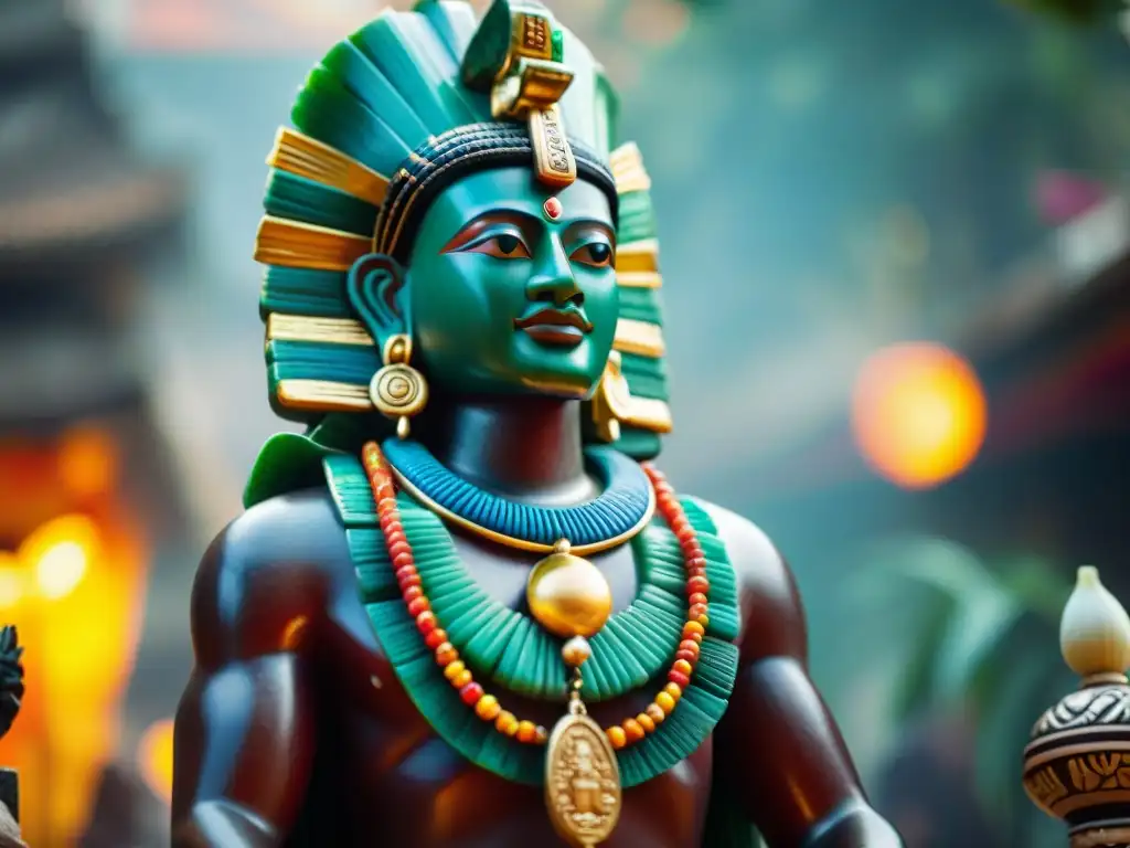 Influencia de rituales religión comercio maya en un mercado vibrante con colgante de jade del Dios del Maíz