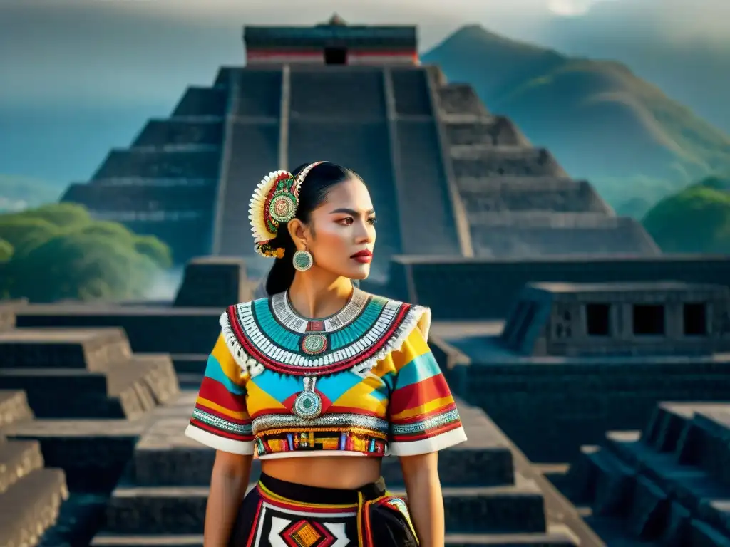 Influencia de Teotihuacán en moda Maya: Detalle de una mujer Maya con traje tradicional y símbolos Teotihuacanos, frente a ruinas antiguas