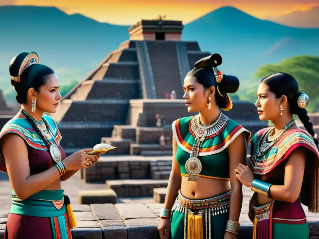 Influencias Teotihuacán en Política Maya: Mercaderes teotihuacanos y gobernantes mayas intercambiando en animado mercado con textiles y joyas