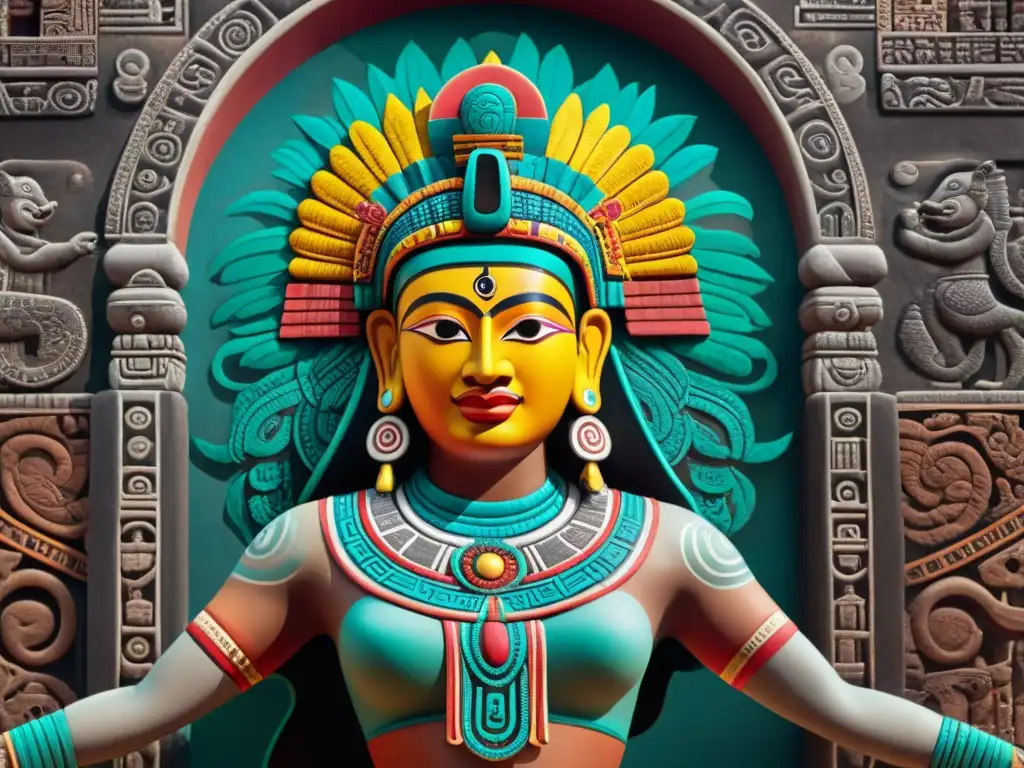 Detalle maya: historia y símbolos revelados en mural Una fotografía infrarroja de un mural maya detallado y vibrante, parcialmente desvanecido con antiguos glifos y símbolos