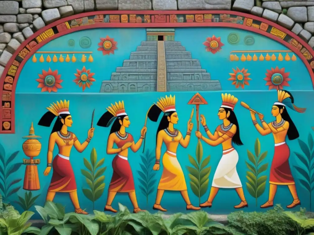 Mural maya en piedra: detalle vibrante y ancestral Una fotografía infrarroja de murales mayas detallados en una pared de piedra, mostrando la vida maya en colores vibrantes y detalles intrincados