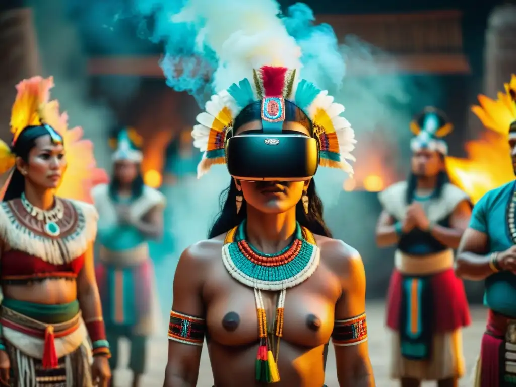 Inmerso en danzas rituales mayas en realidad virtual, un espectador maravillado contempla una escena vibrante y detallada