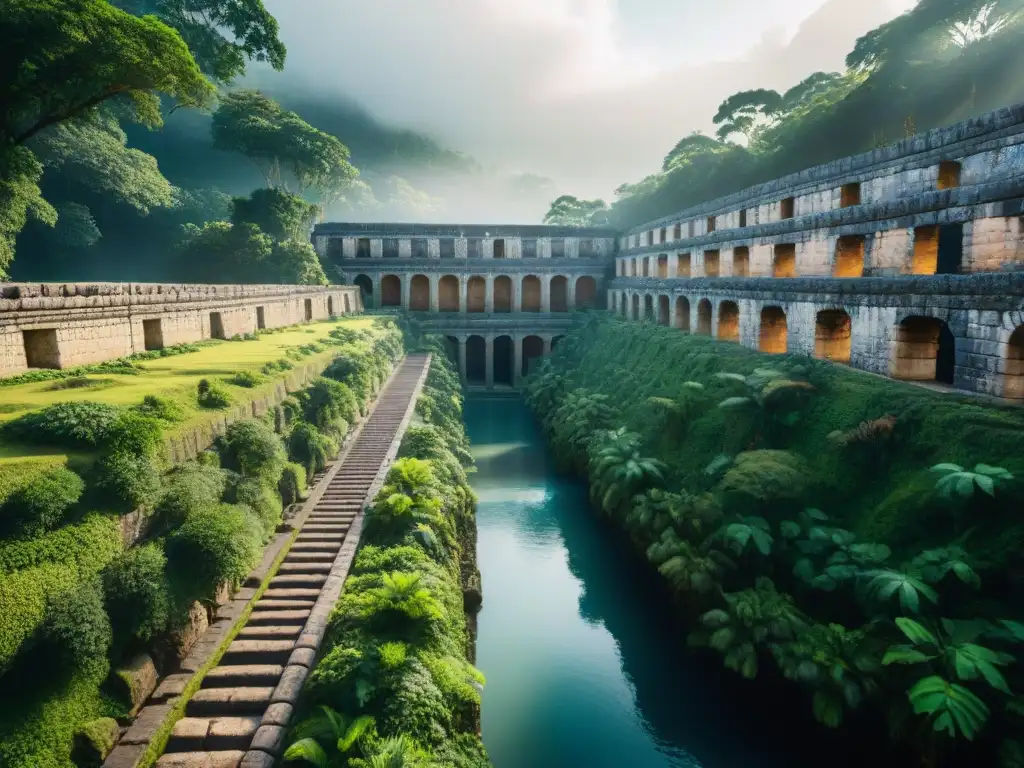 Innovaciones en ingeniería maya aplicables: Detalle del acueducto maya en la selva, mostrando canales de piedra y reservorios