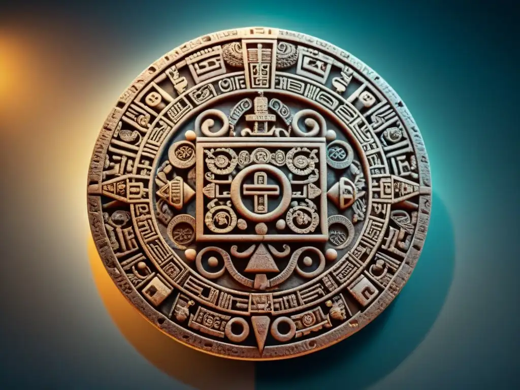 Innovaciones tecnológicas mayas: Detalle del calendario tallado en piedra, simbolizando la avanzada tecnología y ética maya