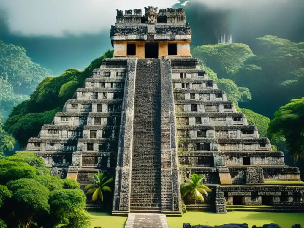 Innovadora arquitectura maya con intrincados detalles esculpidos en piedra, resaltando la destreza artesanal y la integración con la naturaleza