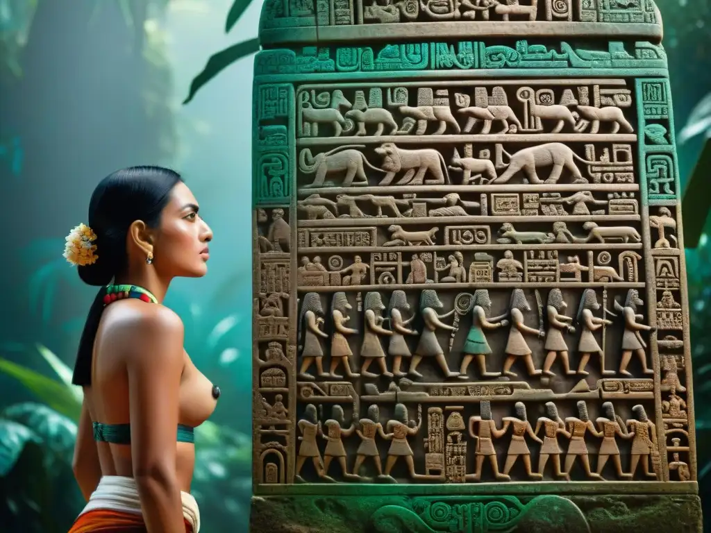 Estela maya detallada: historia y color en jeroglíficos Inscripción maya detallada con influencia extranjera en civilización maya, destacando eventos históricos y complejidades culturales