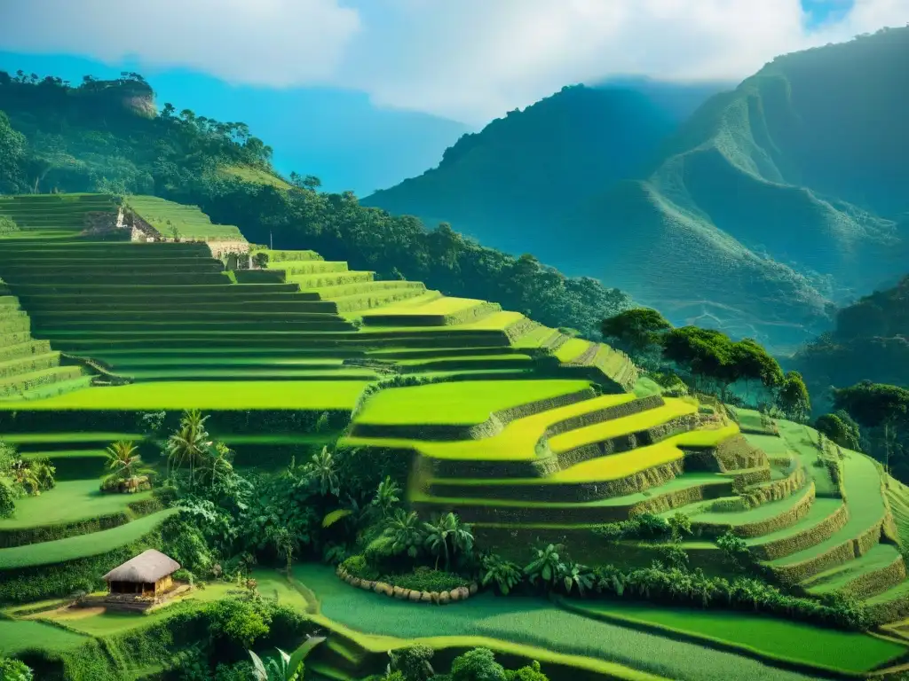 Inspiradoras técnicas agrícolas mayas innovadoras esculpidas en la montaña, con cultivos verdes florecientes bajo el cielo azul