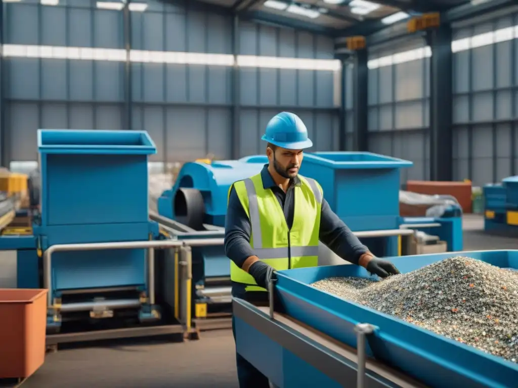 Una instalación de reciclaje moderna con tecnología avanzada y trabajadores clasificando materiales reciclables