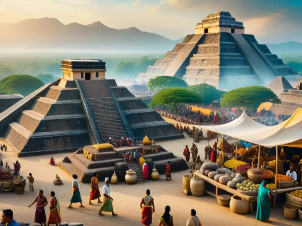 Intensa escena de mercado en Mesoamérica con conexiones culturales mayas Teotihuacán