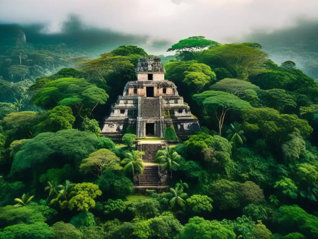 Intensa selva maya con raíces y ruinas de piedra, reflejando el impacto ambiental de construcciones mayas