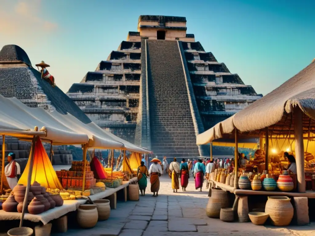 Intenso comercio en un mercado maya, con textiles coloridos y cerámica bajo estructuras de piedra tallada