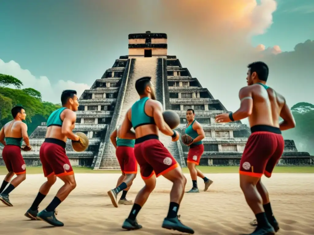 Un intenso entrenamiento de jugadores de pelota maya en un campo polvoriento, con arquitectura tradicional de fondo