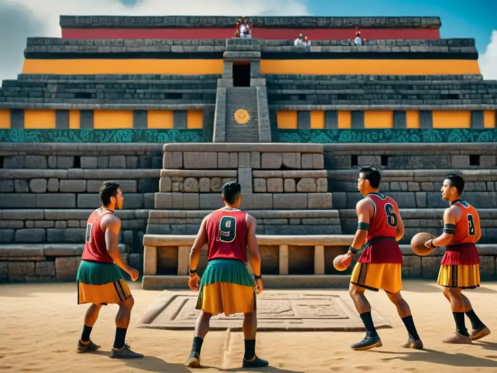 Intenso juego de Pelota maya en una cancha bien conservada, con jugadores y espectadores en trajes tradicionales