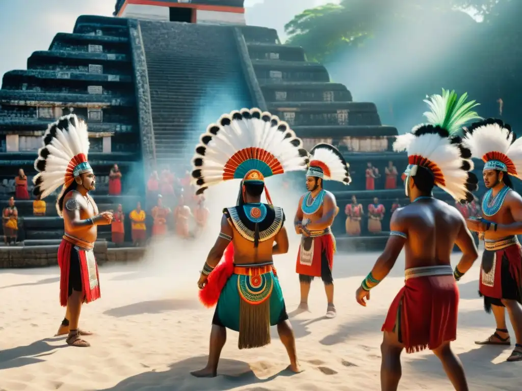 Intenso juego de pelota maya: equipos con atuendos tradicionales y pinturas corporales, en una cancha antigua iluminada por el sol