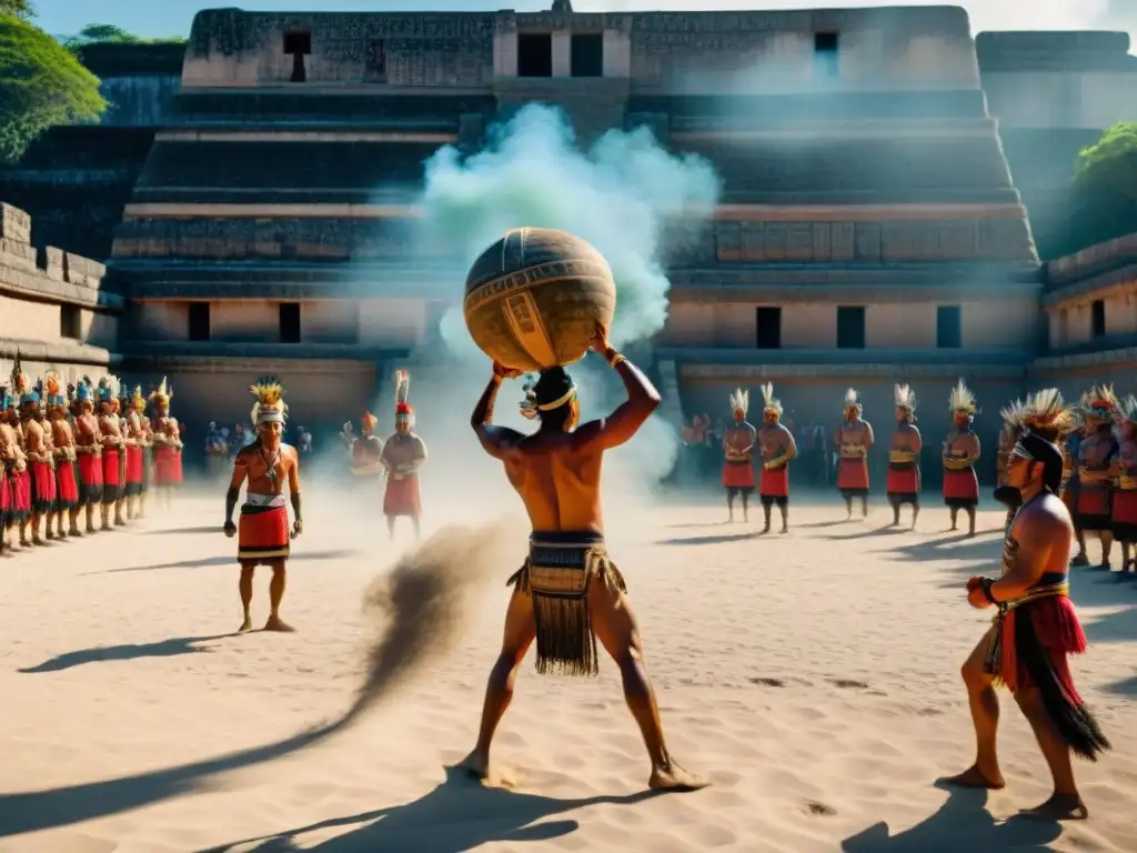 Intenso juego de pelota maya en un antiguo campo polvoriento, con jugadores luchando y espectadores expectantes