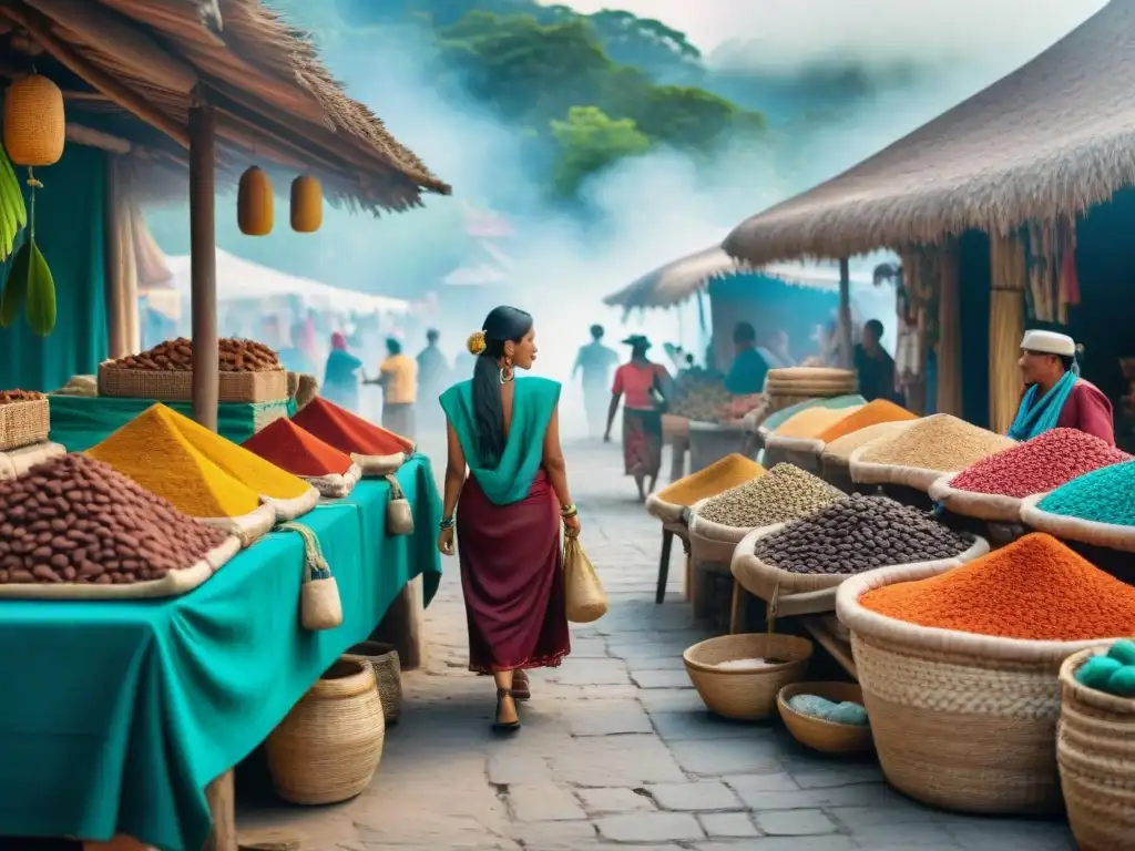 Intenso mercado maya con comercio de cacao y plumas de quetzal