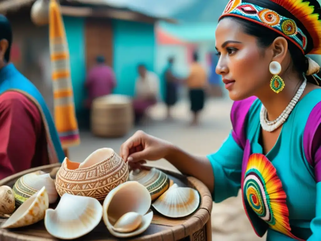 Intenso mercado maya con uso de conchas marinas mayas como moneda, comerciantes vistiendo trajes tradicionales