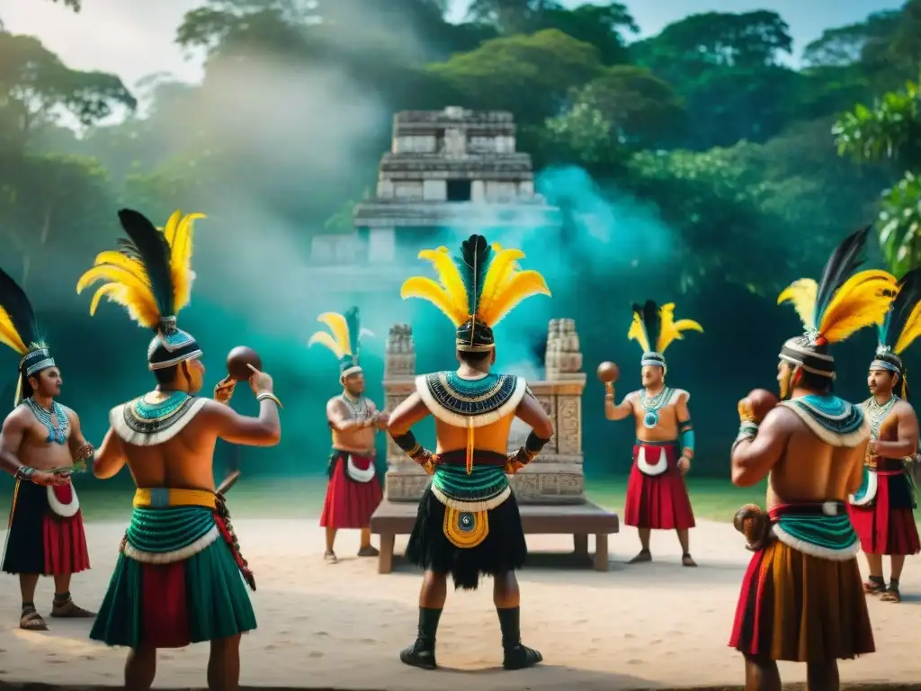 Intenso ritual de juego de pelota maya en escena vibrante con trajes de plumas y espectadores maravillados