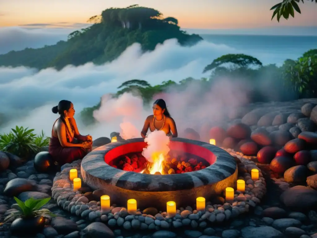 Intenso ritual de temazcal maya al atardecer, con participantes envueltos en hierbas sagradas y vapor, invocando antiguos cantos