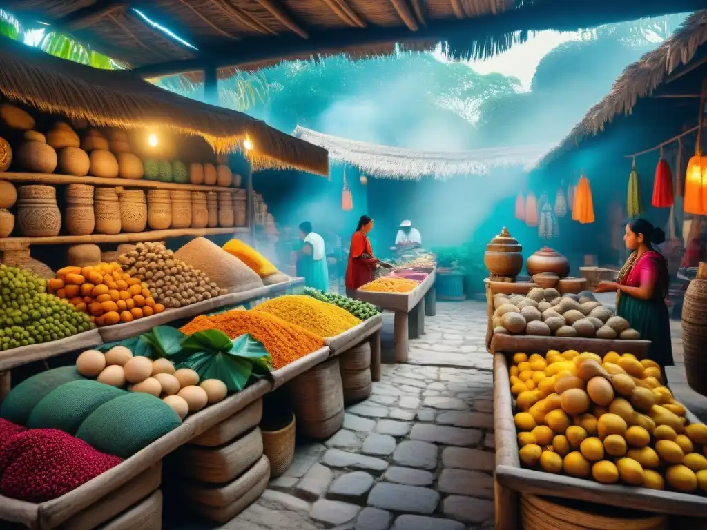 Intercambio cultural en mercado maya: textiles, cerámica y frutas exóticas en bulliciosa escena de comercio y tradición