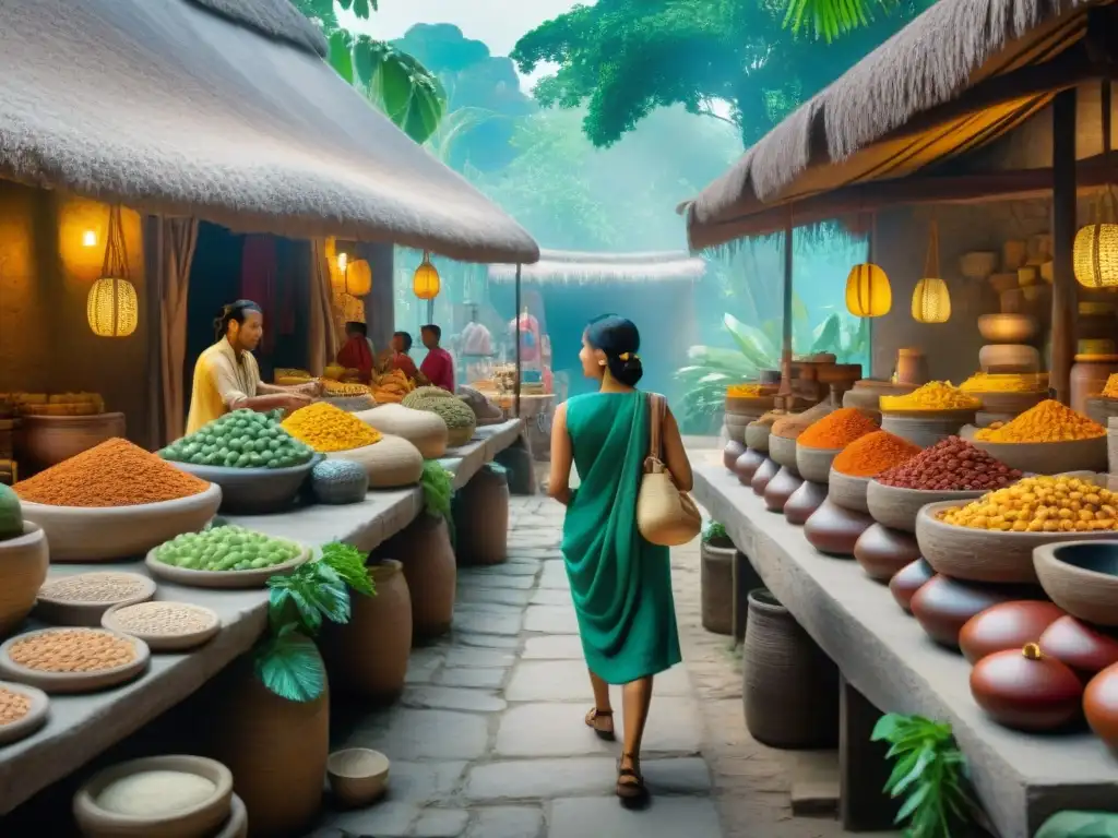 Intercambio cultural en mercado maya con jade y cacao Intercambio cultural en mercado maya con Rutas comerciales mayas