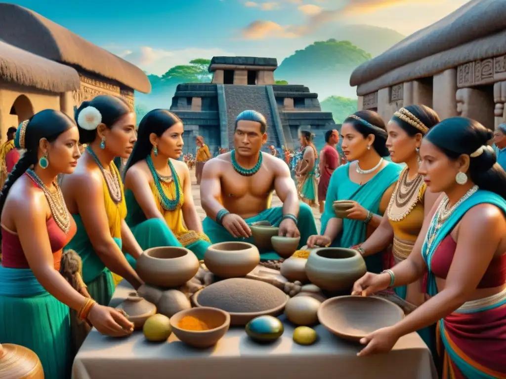 Intercambio cultural en ruta comercial maya: escena de mercado antiguo con Olmecas y Mayas