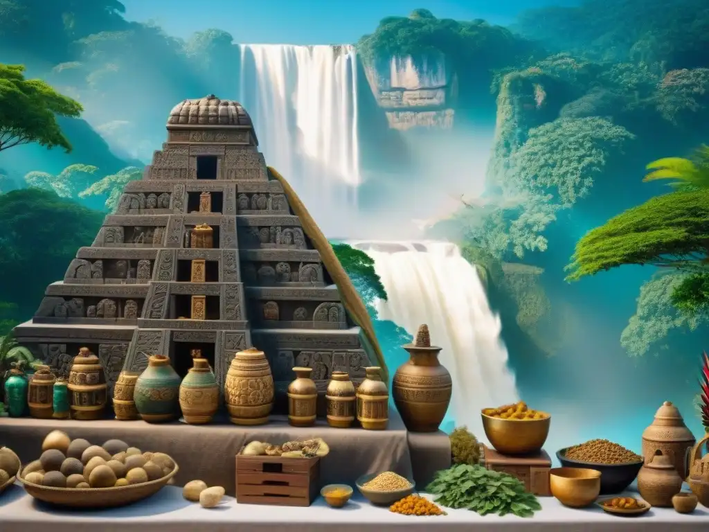 Intercambio cultural en rutas comerciales mayas: una vibrante escena de mercado en la antigua Mesoamérica, con comerciantes Olmec y Maya intercambiando bienes preciosos como jade y cacao