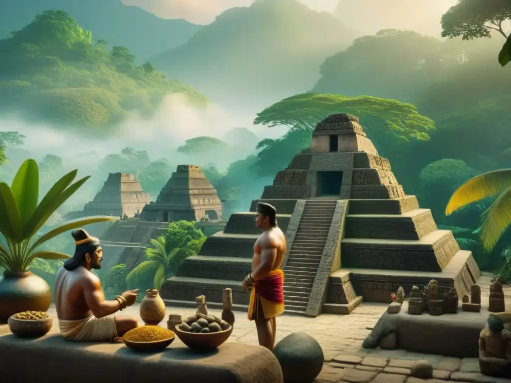 Intercambio cultural en rutas comerciales mayas: escena vibrante de mercado entre civilizaciones Olmec y Maya