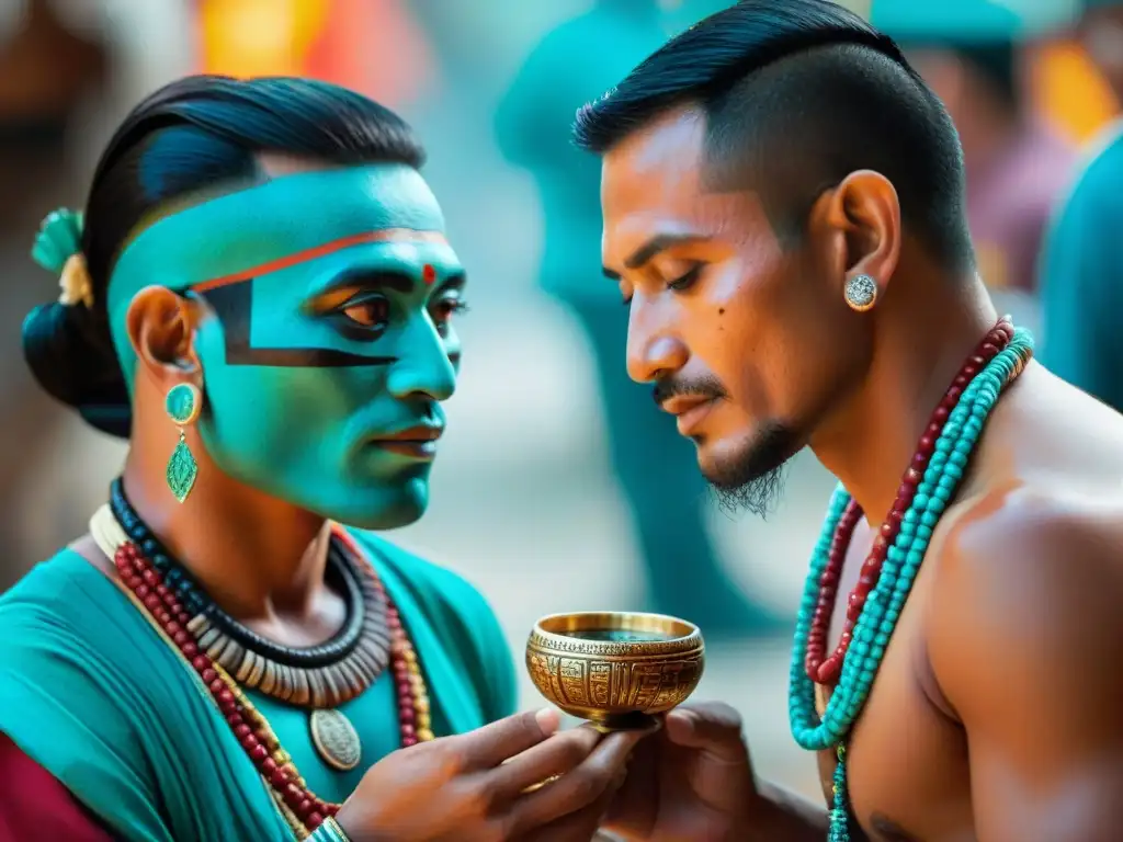 Intercambio espiritual de objetos ceremoniales entre comerciantes mayas en mercado bullicioso