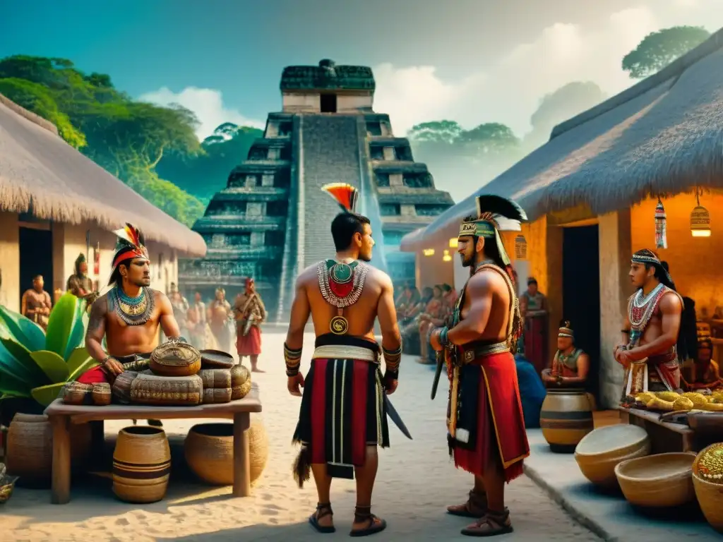 Intercambios culturales en la civilización maya: Mercenarios mayas comercian con prisioneros de guerra extranjeros en bullicioso mercado antiguo