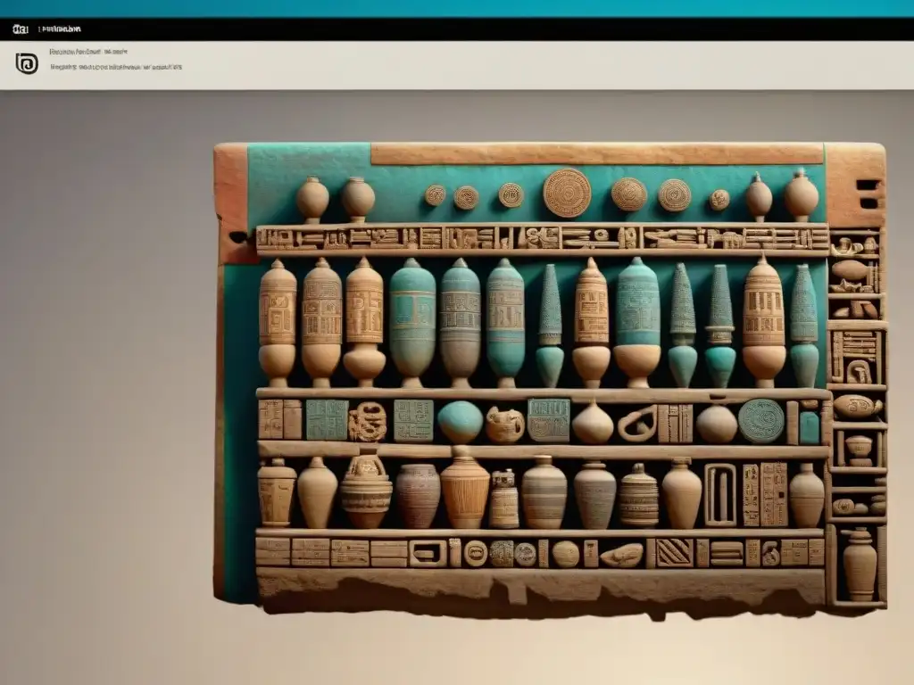 Una interfaz digital detallada muestra registros de artefactos mayas con descripciones y notas de conservación