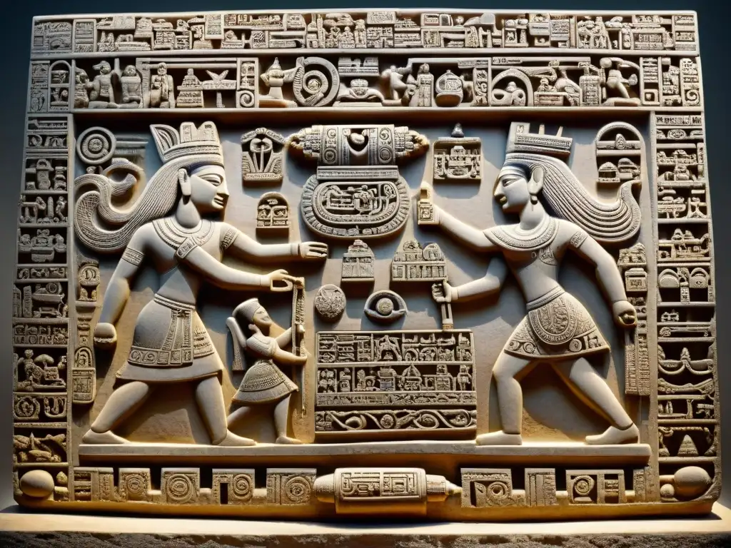 Intricada iconografía maya de ascendencia real y logros, tallada en piedra con precisión artística