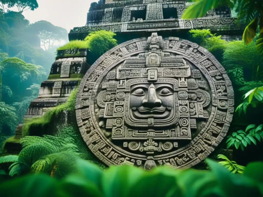 Intricado calendario maya en piedra, iluminado por el sol en Tikal, Guatemala