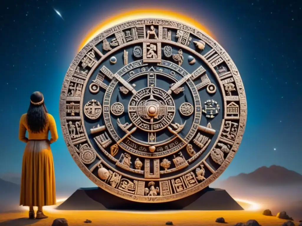 Intricado calendario maya tallado en piedra, con símbolos astronómicos en un cielo estrellado