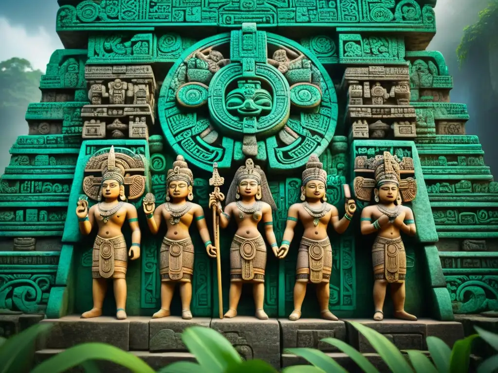 Intricado relieve de dioses mayas en templo, reflejando prácticas culturales de los mayas