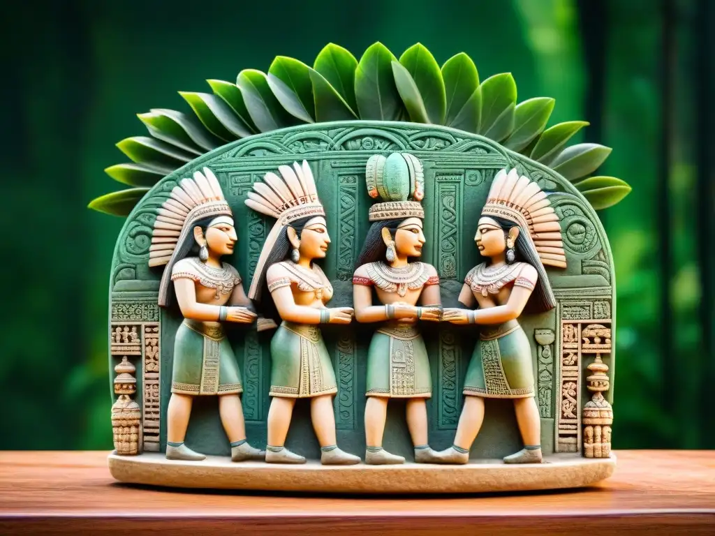 Escultura Maya: Diplomacia y Tradición en la Selva Intricado relieve de piedra de diplomáticos mayas en intercambio ceremonial rodeados de ofrendas en la exuberante jungla