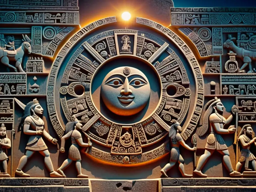 Intricado relieve de piedra maya ilustra un eclipse solar, con jeroglíficos detallados y figuras ceremoniales