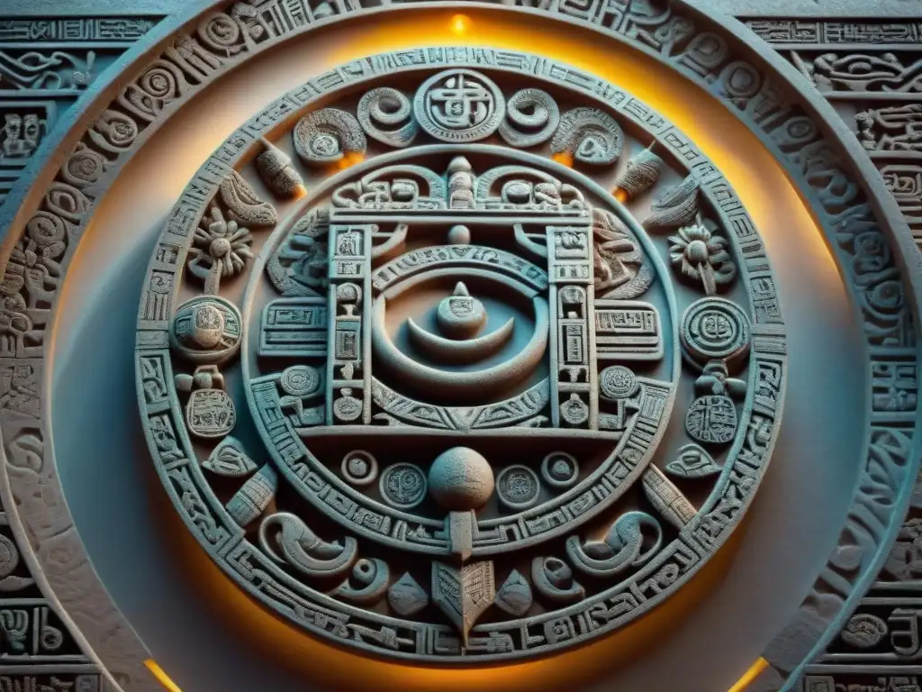 Intricado tallado de piedra del calendario maya, destacando la armonía cósmica y los símbolos celestiales