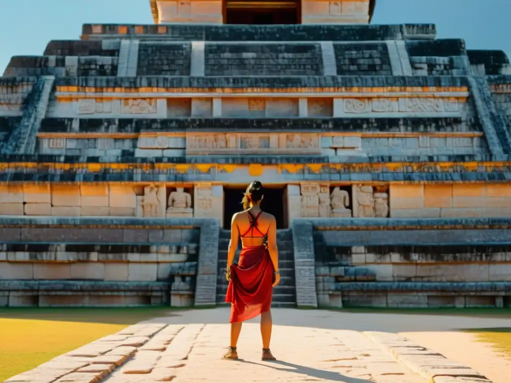 Intrincada arquitectura maya del juego de pelota resaltada por la luz del atardecer en Chichén Itzá