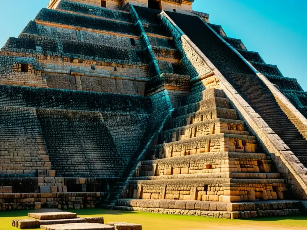 Intrincada arquitectura maya en Uxmal: la luz resalta los detalles de la Pirámide del Adivino, creando un contraste dramático